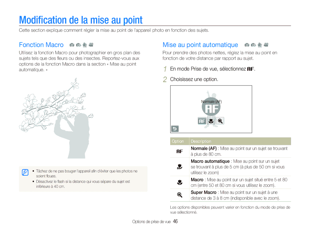 Samsung EC-ST550ZBPLIT manual Modiﬁcation de la mise au point, Fonction Macro a p d, Mise au point automatique a p d 