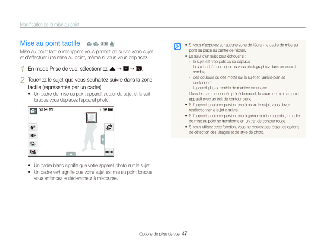 Samsung EC-ST550ZBPOIN Mise au point tactile a p s d, Modiﬁcation de la mise au point, Tactile représentée par un cadre 