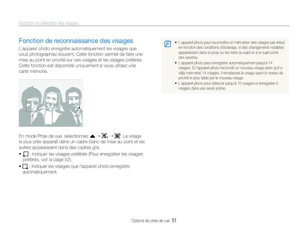Samsung EC-ST550ZBPOFR, EC-ST550ZBPOIN, EC-ST550ZBPGIT, EC-ST550ZBAOE1, EC-ST560ZBPOE1 Fonction de reconnaissance des visages 