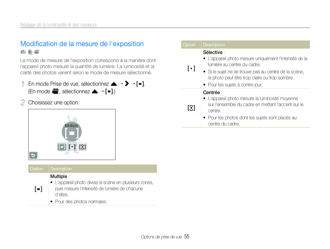 Samsung EC-ST550ZBPGE1 manual Modiﬁcation de la mesure de lexposition, En mode v, sélectionnez f “ Choisissez une option 