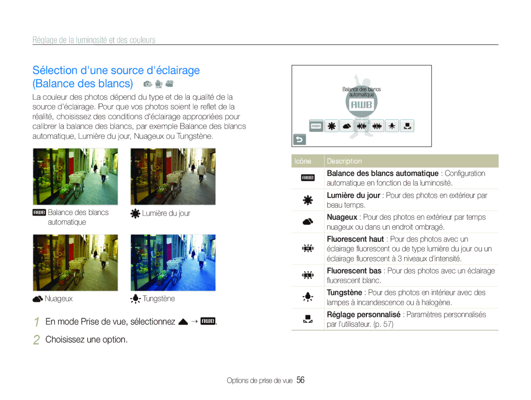 Samsung EC-ST550ZBPOIT manual Sélection dune source déclairage Balance des blancs p d, Nuageux Lumière du jour Tungstène 