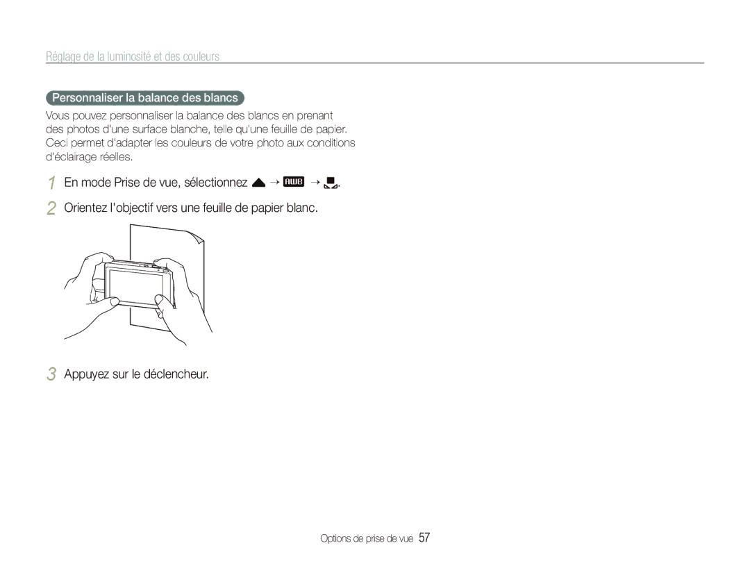 Samsung EC-ST550ZBPOAU, EC-ST550ZBPOIN, EC-ST550ZBPGIT manual Appuyez sur le déclencheur, Personnaliser la balance des blancs 