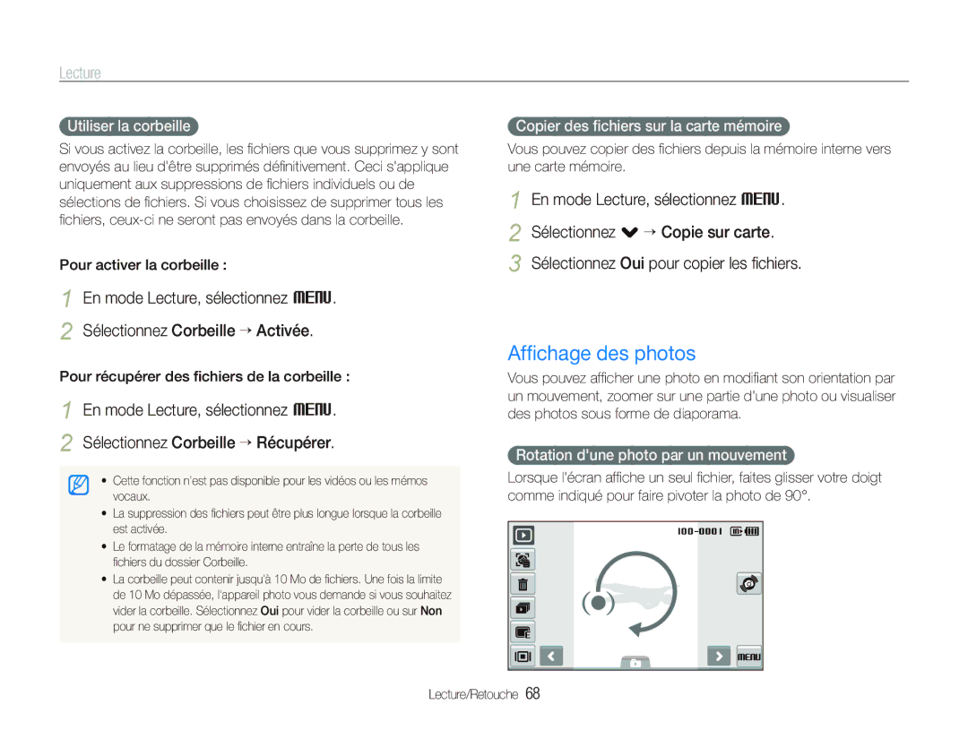 Samsung EC-ST550ZBPOIT, EC-ST550ZBPOIN Afﬁchage des photos, Utiliser la corbeille, Copier des ﬁchiers sur la carte mémoire 