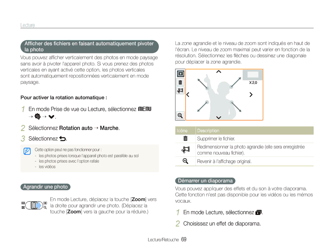 Samsung EC-ST550ZBPOAU, EC-ST550ZBPOIN manual Sélectionnez Rotation auto “ Marche, Agrandir une photo, Démarrer un diaporama 
