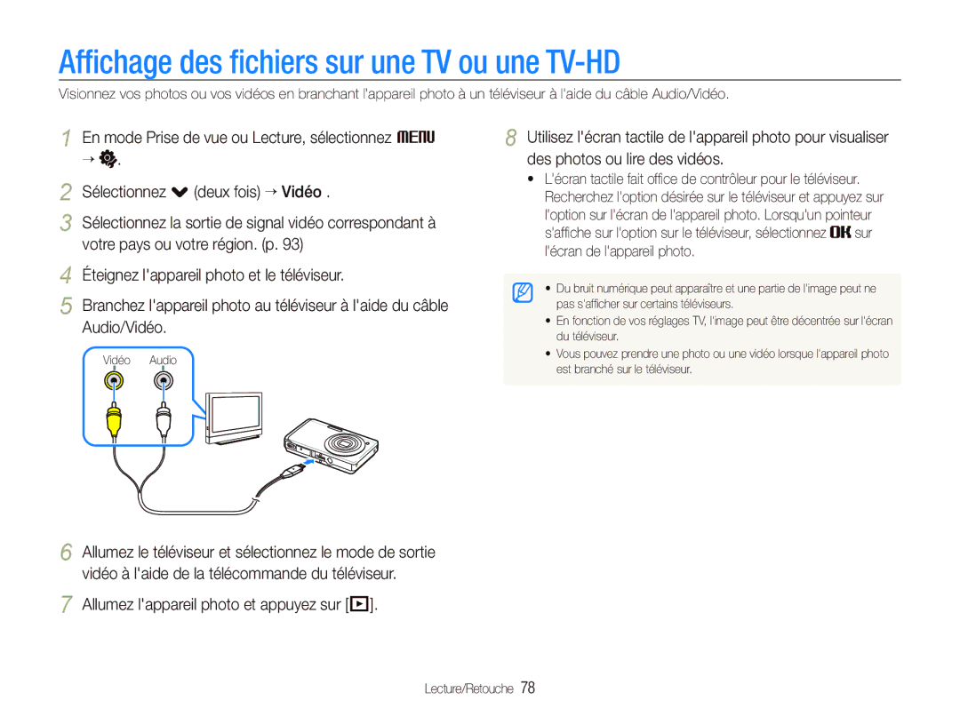 Samsung EC-ST550ZBPOE1 manual Afﬁchage des ﬁchiers sur une TV ou une TV-HD, Allumez lappareil photo et appuyez sur P 