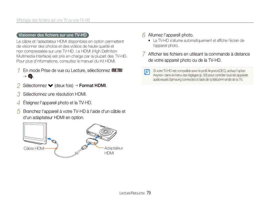 Samsung EC-ST550ZBPGE1, EC-ST550ZBPOIN manual Afﬁchage des ﬁchiers sur une TV ou une TV-HD, Dun adaptateur Hdmi en option 