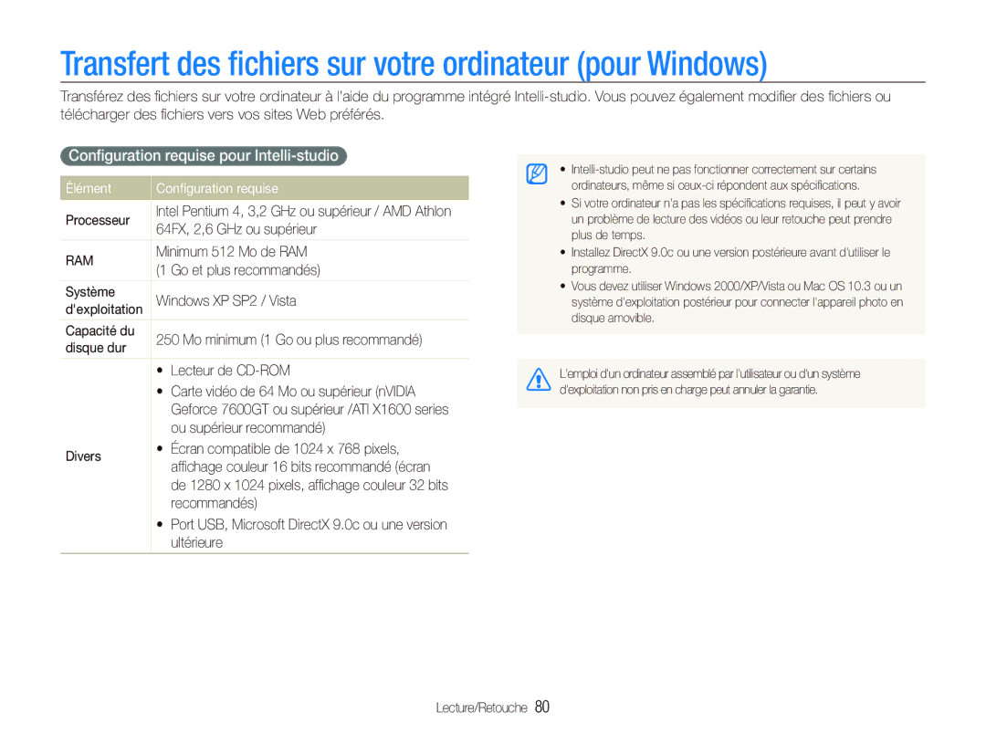 Samsung EC-ST550ZBPOIT Transfert des ﬁchiers sur votre ordinateur pour Windows, Conﬁguration requise pour Intelli-studio 