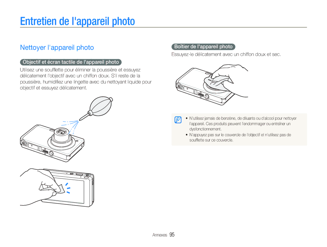 Samsung EC-ST550ZBPOIN, EC-ST550ZBPGIT Entretien de lappareil photo, Nettoyer lappareil photo, Boîtier de lappareil photo 