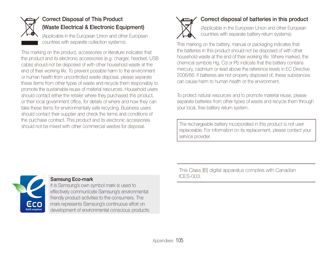 Samsung EC-ST550ZBPOE3, EC-ST550ZBPOIN, EC-ST550ZBPGIT manual Correct disposal of batteries in this product, Samsung Eco-mark 