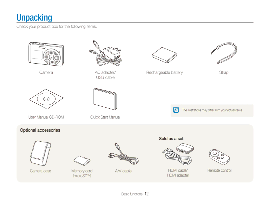 Samsung EC-ST550ZBPBE3, EC-ST550ZBPOIN, EC-ST550ZBPGIT, EC-ST550ZBAOE1, EC-ST560ZBPOE1 manual Unpacking, Optional accessories 