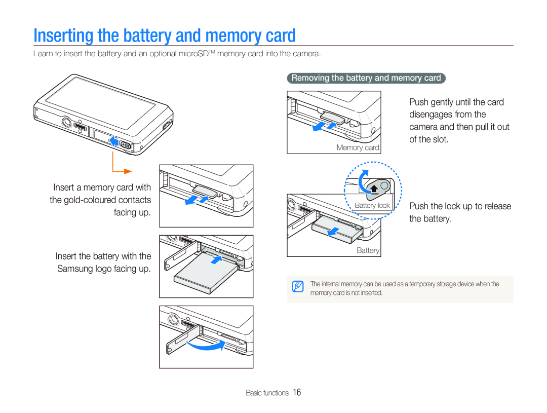 Samsung EC-ST550ZBPLE3 manual Inserting the battery and memory card, Battery, Removing the battery and memory card 