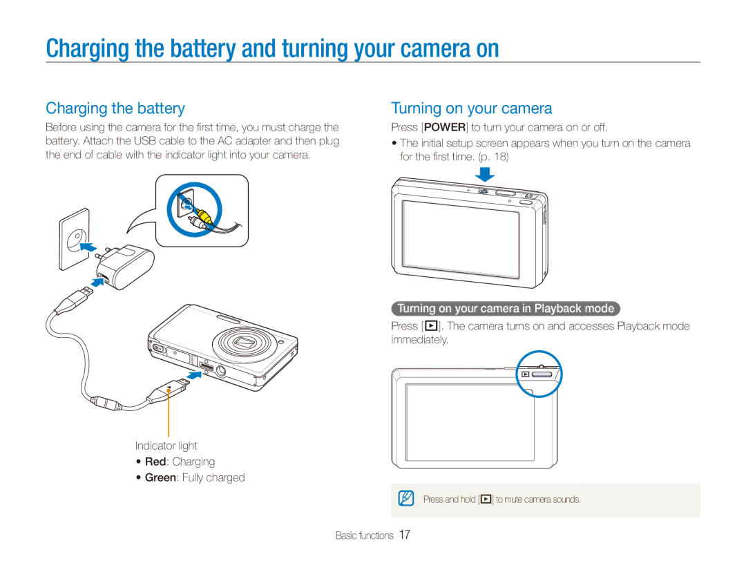 Samsung EC-ST550ZBPLDZ, EC-ST550ZBPOIN manual Charging the battery and turning your camera on, Turning on your camera 