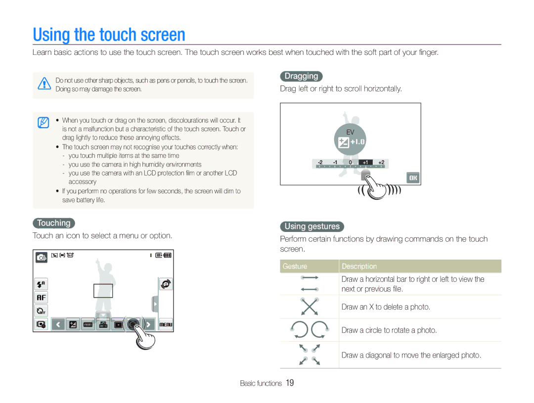 Samsung EC-ST550ZBPGDZ, EC-ST550ZBPOIN Using the touch screen, Dragging, Touching, Using gestures, Gesture Description 