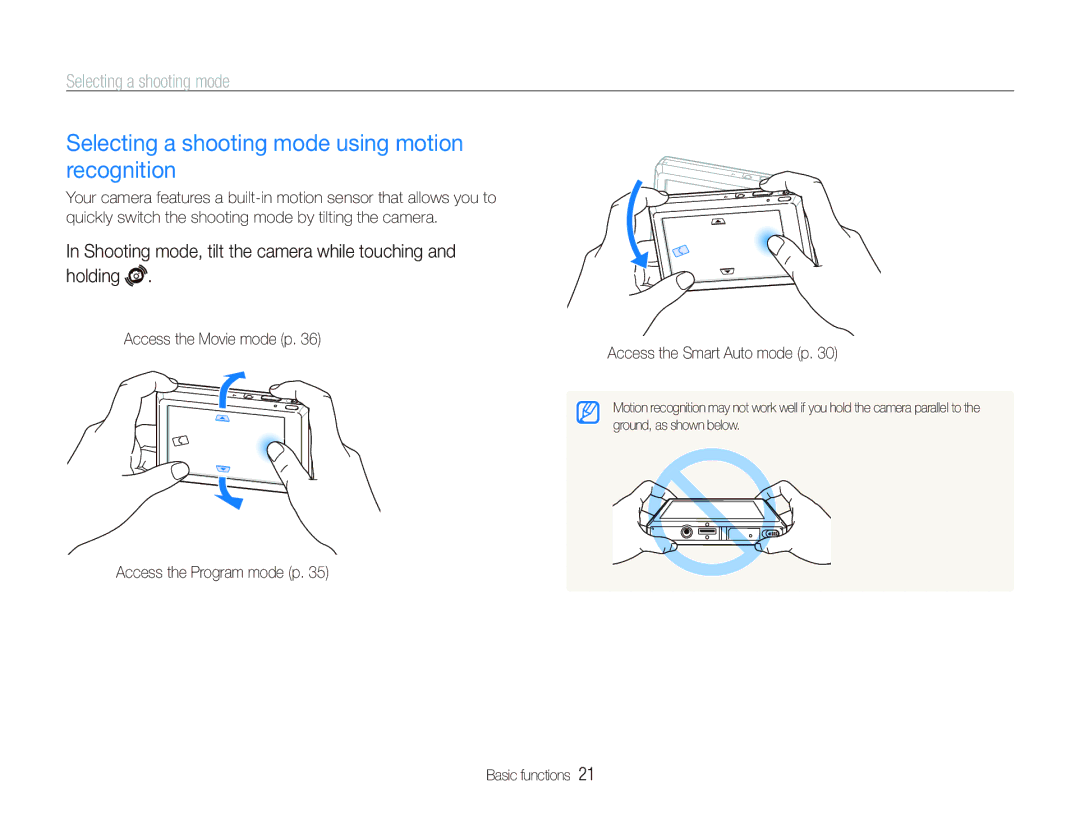 Samsung EC-ST550ZBPLDX, EC-ST550ZBPOIN, EC-ST550ZBPGIT, EC-ST550ZBAOE1 Selecting a shooting mode using motion recognition 