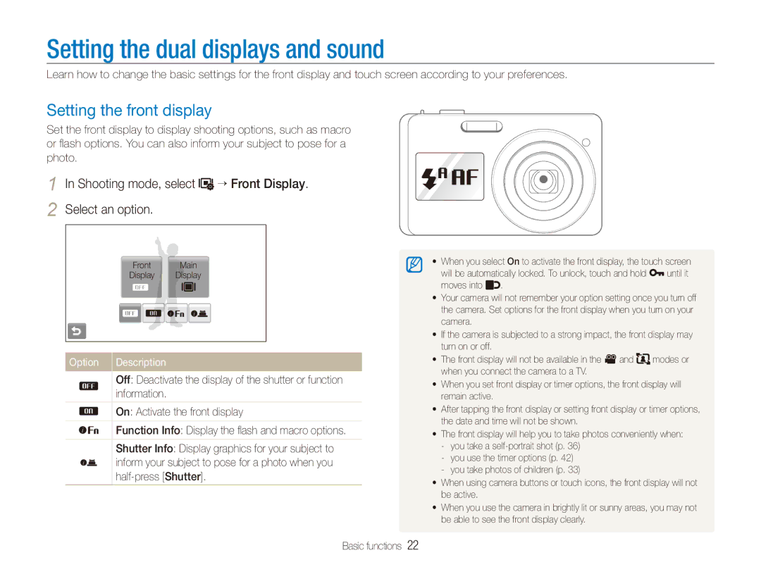 Samsung EC-ST550ZDPOME, EC-ST550ZBPOIN Setting the dual displays and sound, Setting the front display, Option Description 