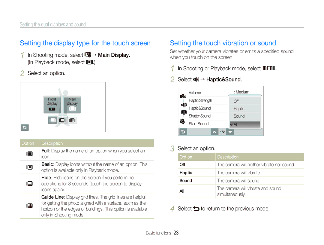 Samsung EC-ST550ZBPGDX, EC-ST550ZBPOIN Setting the display type for the touch screen, Setting the touch vibration or sound 