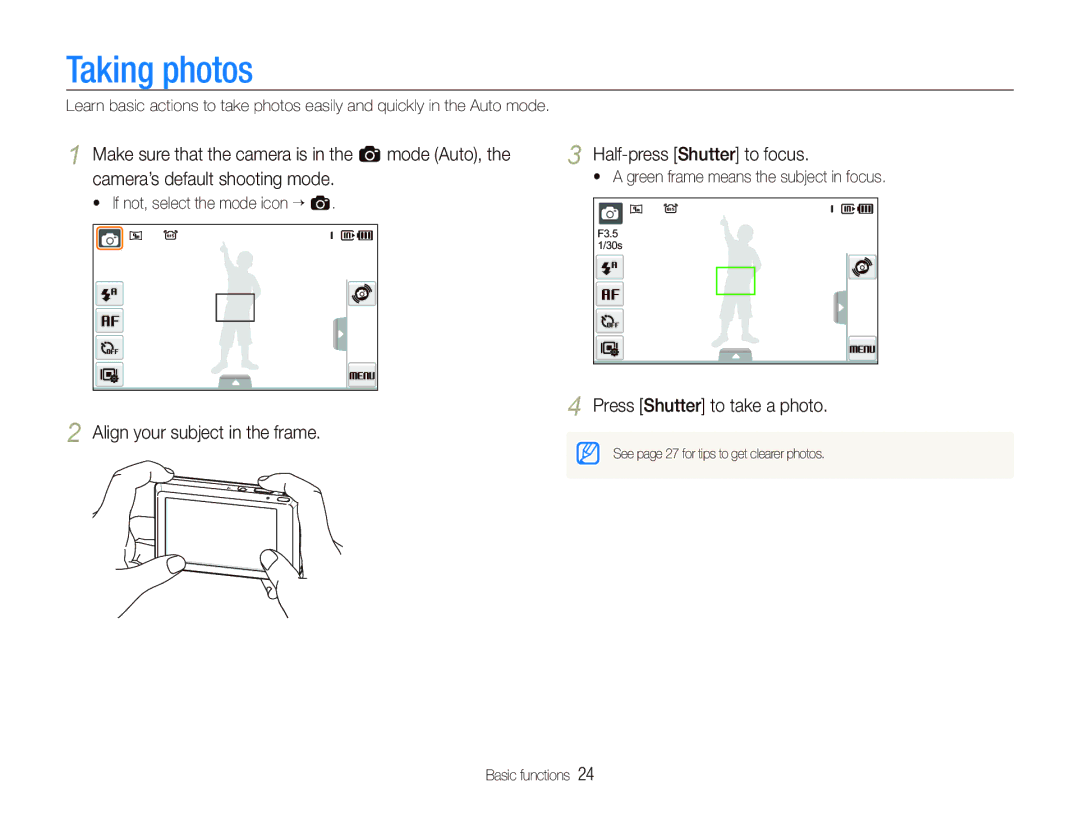 Samsung EC-ST550ZDPGME, EC-ST550ZBPOIN manual Taking photos, Align your subject in the frame Half-press Shutter to focus 