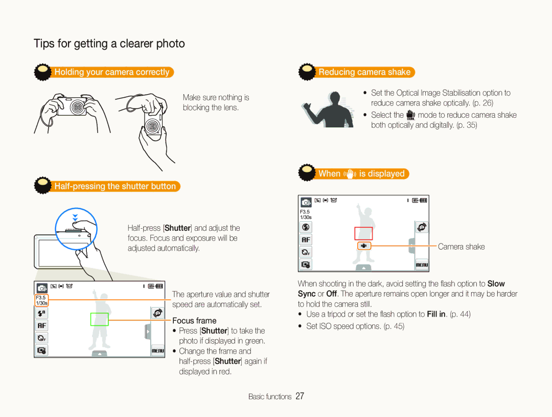 Samsung EC-ST550ZBPLSA manual Holding your camera correctly, Half-pressing the shutter button, Reducing camera shake 