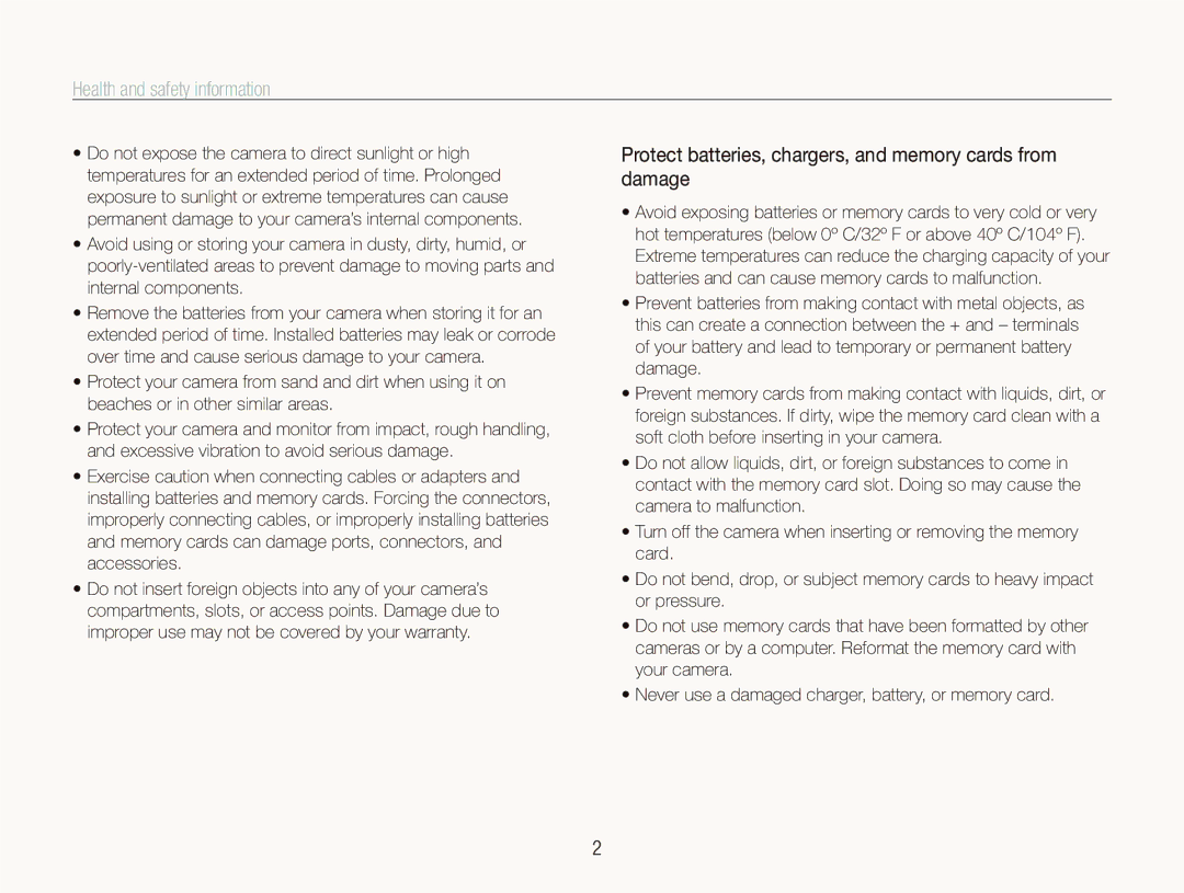 Samsung EC-ST560ZBPOE1 manual Health and safety information, Protect batteries, chargers, and memory cards from damage 