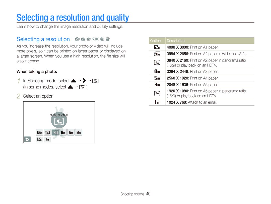 Samsung EC-ST550ZBPGE2, EC-ST550ZBPOIN, EC-ST550ZBPGIT Selecting a resolution and quality, Selecting a resolution S a p s d 