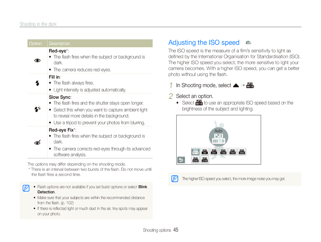 Samsung EC-ST550ZBPOIN manual Adjusting the ISO speed p, Shooting in the dark, Shooting mode, select f “ Select an option 