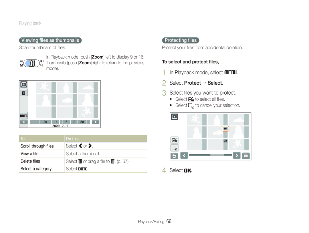 Samsung ES-ST550ZSAGCN, EC-ST550ZBPOIN manual Viewing ﬁles as thumbnails, Protecting ﬁles, Do this, Select a category 