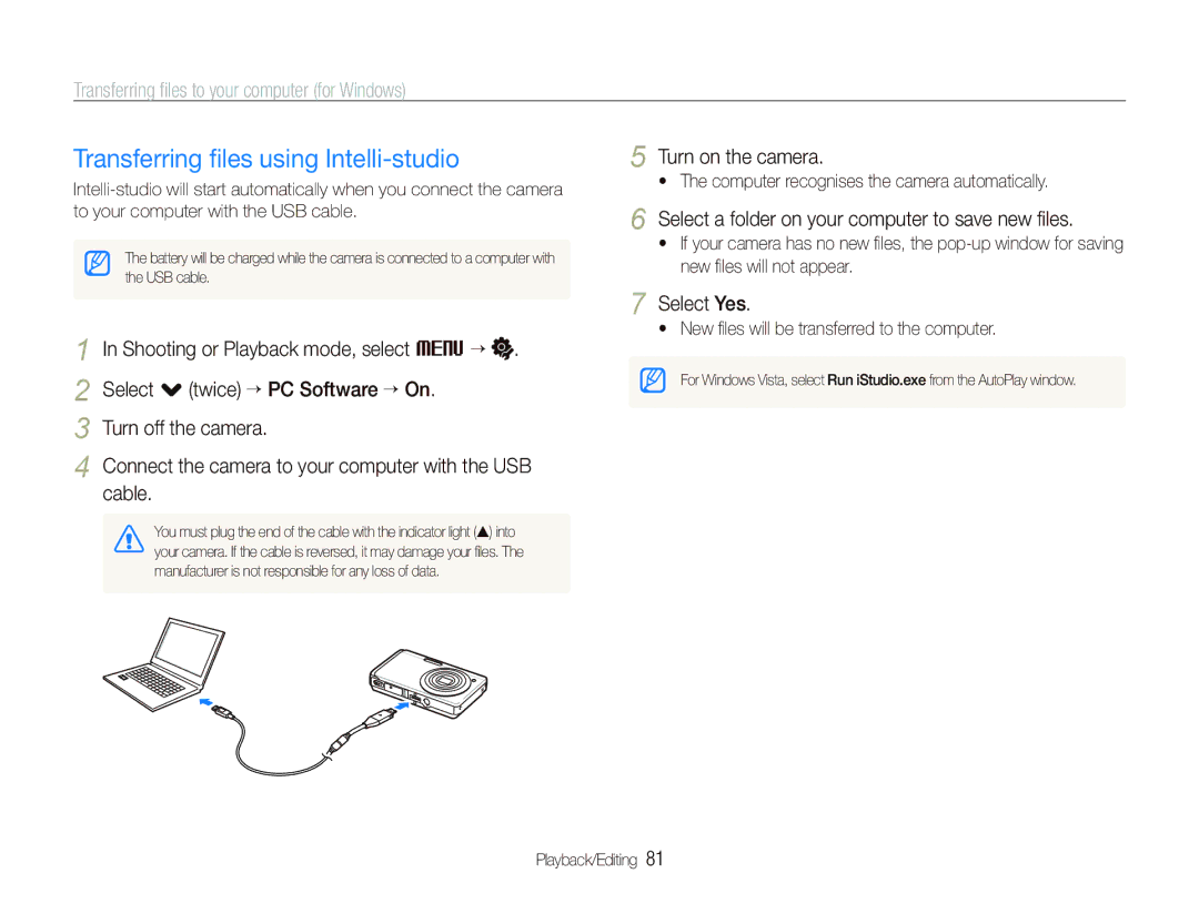 Samsung EC-ST550ZBPGRU manual Transferring ﬁles using Intelli-studio, Transferring ﬁles to your computer for Windows, Cable 