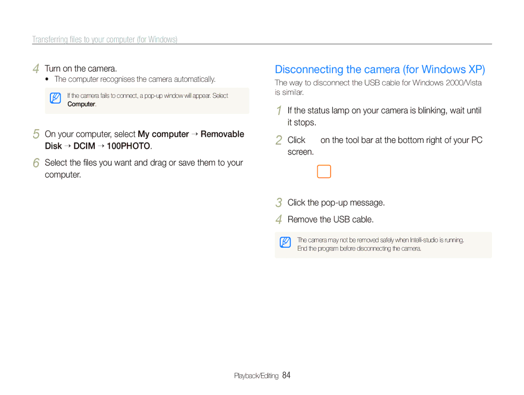 Samsung EC-ST550ZBPLE2 manual Disconnecting the camera for Windows XP, Screen Click the pop-up message Remove the USB cable 