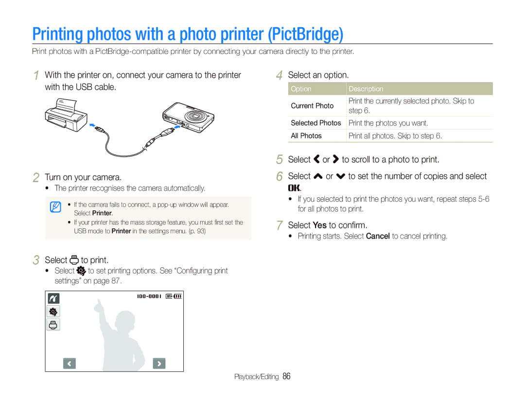 Samsung EC-ST550ZBPGE2 manual Printing photos with a photo printer PictBridge, Select to print, Select Yes to conﬁrm 