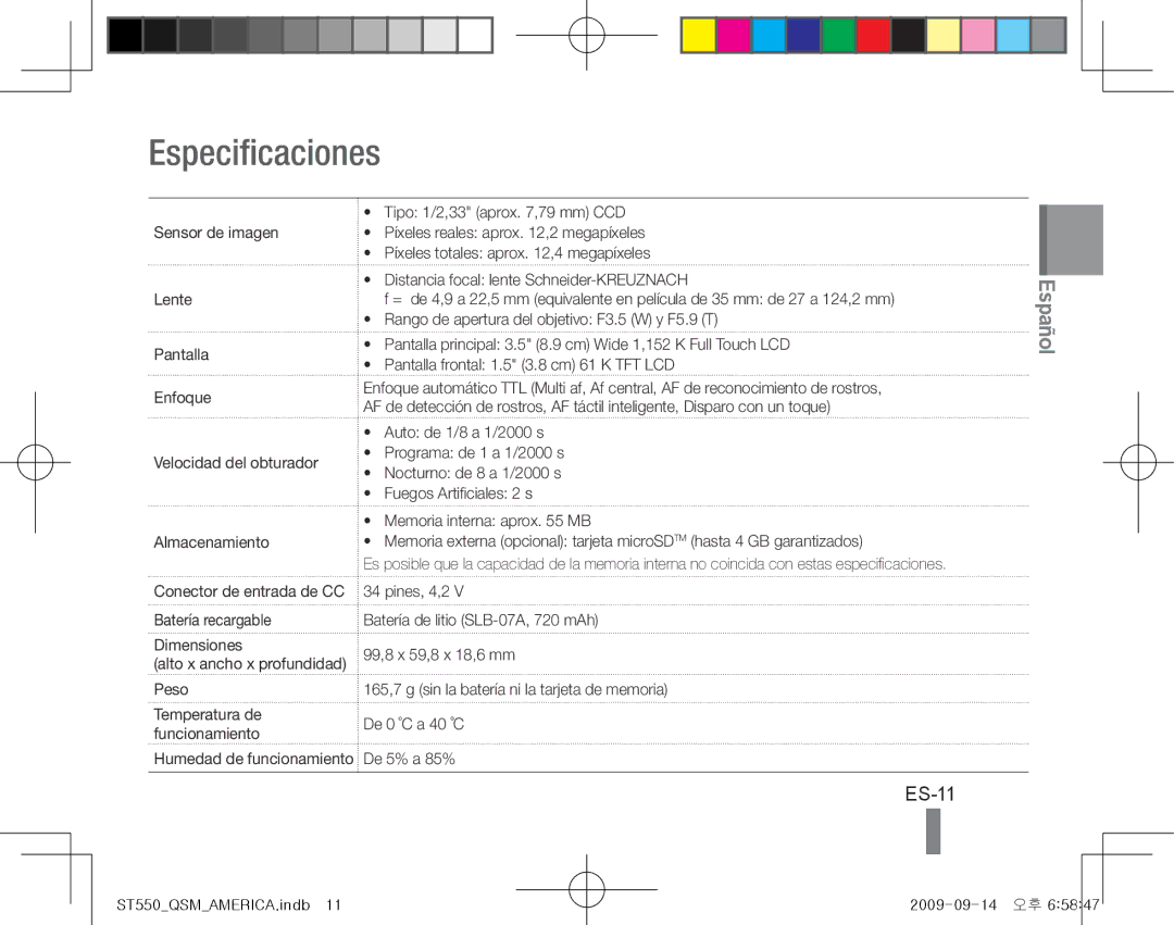 Samsung EC-ST550ZBPLDX, EC-ST550ZBPOIN, EC-ST550ZBPGIT manual Especificaciones, ES-11, Batería recargable Dimensiones, Peso 