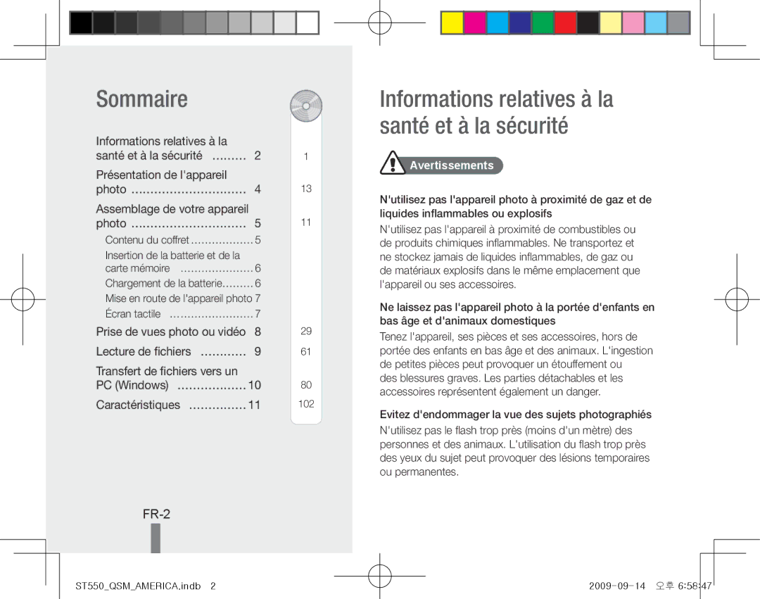 Samsung EC-ST550ZDPOME, EC-ST550ZBPOIN, EC-ST550ZBPGIT Sommaire, Informations relatives à la santé et à la sécurité, FR-2 