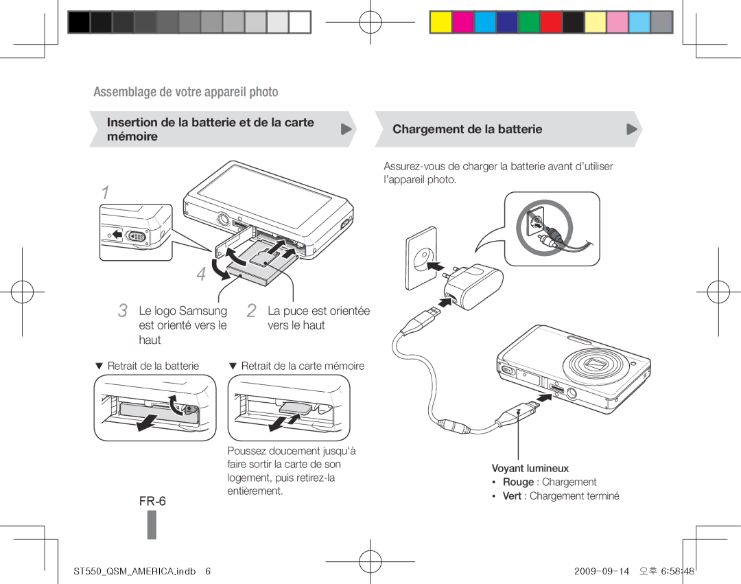 Samsung EC-ST550ZBPBE1 manual FR-6, Insertion de la batterie et de la carte mémoire, Est orienté vers le Vers le haut Haut 