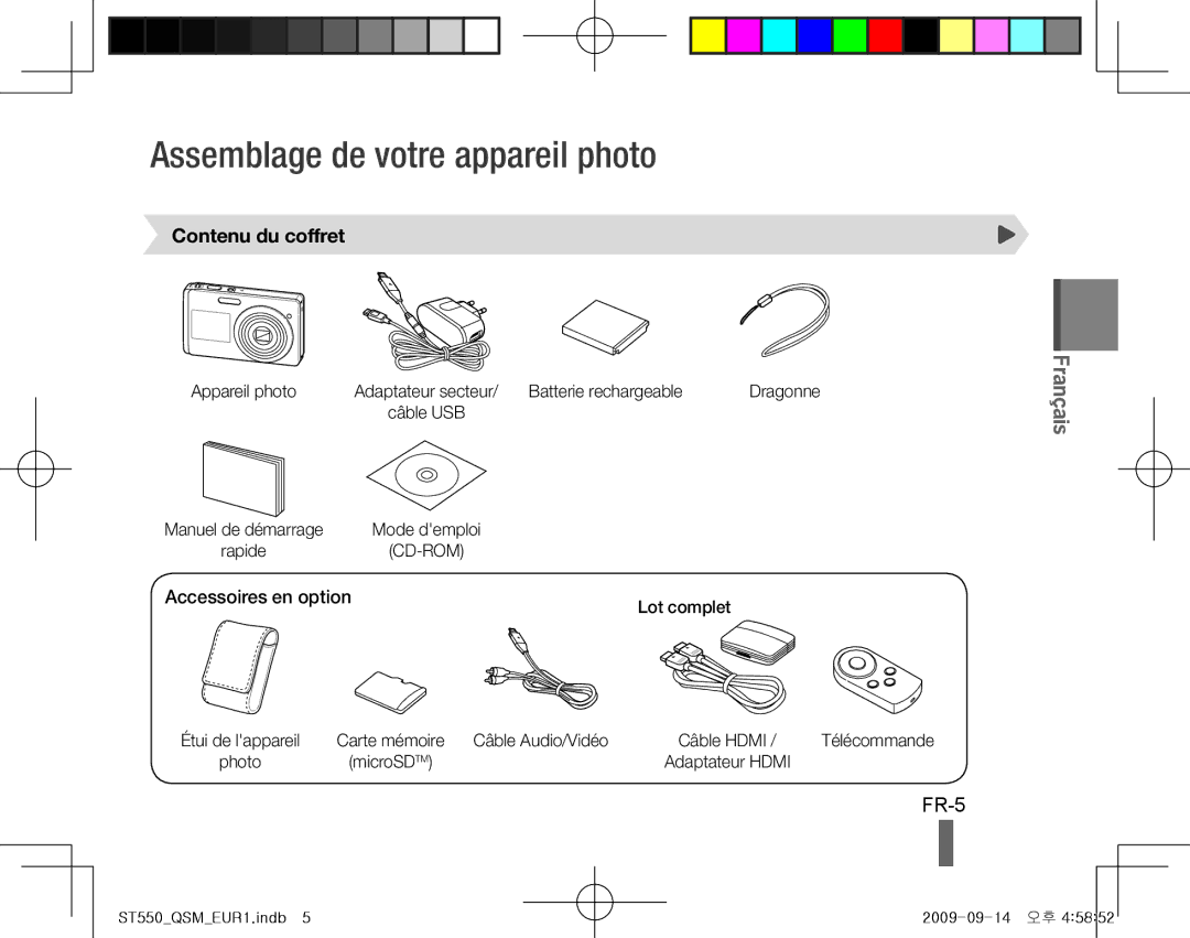Samsung ES-ST550ZSAOCN, EC-ST550ZBPOIN, EC-ST550ZBPGIT manual Assemblage de votre appareil photo, FR-5, Contenu du coffret 