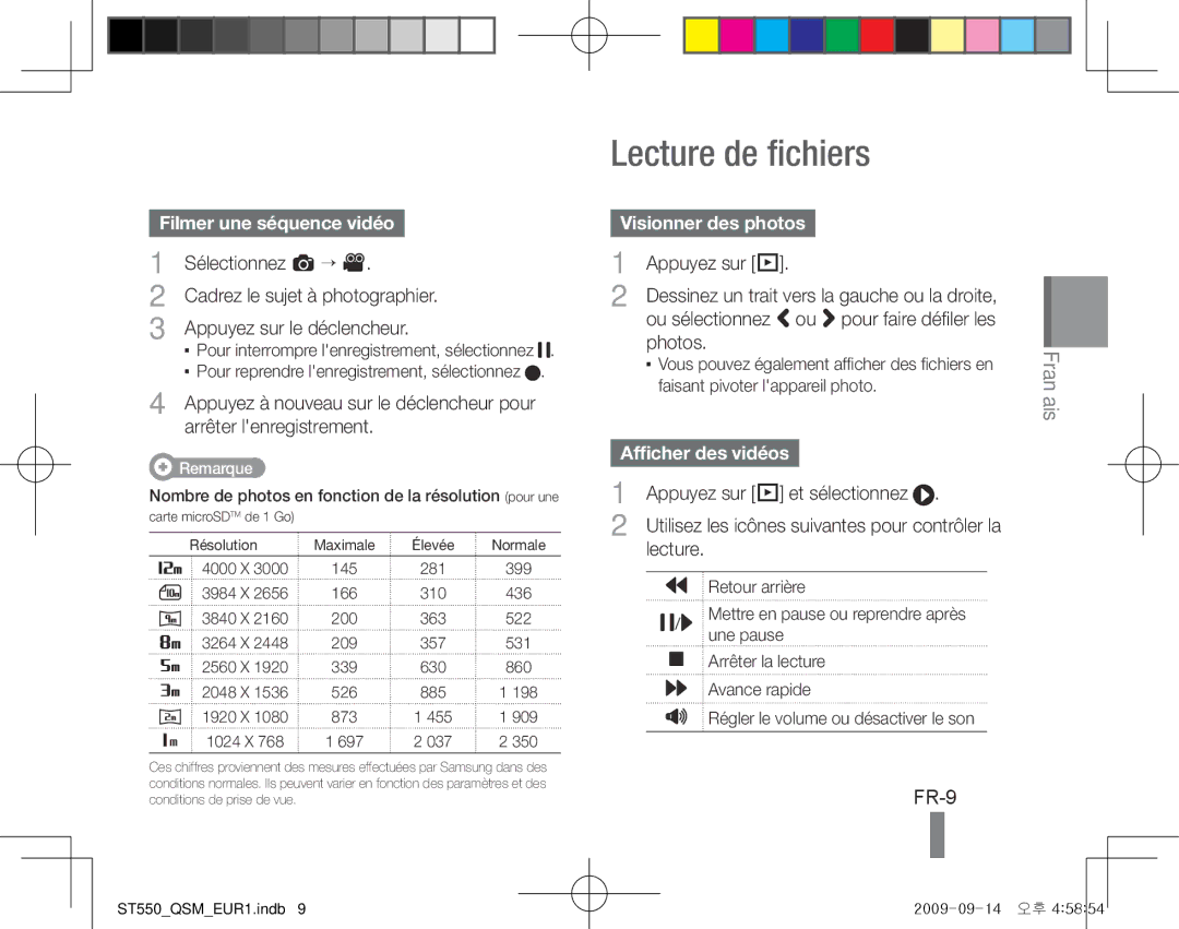 Samsung ES-ST550ZSALCN Lecture de fichiers, FR-9, Filmer une séquence vidéo, Visionner des photos, Afficher des vidéos 