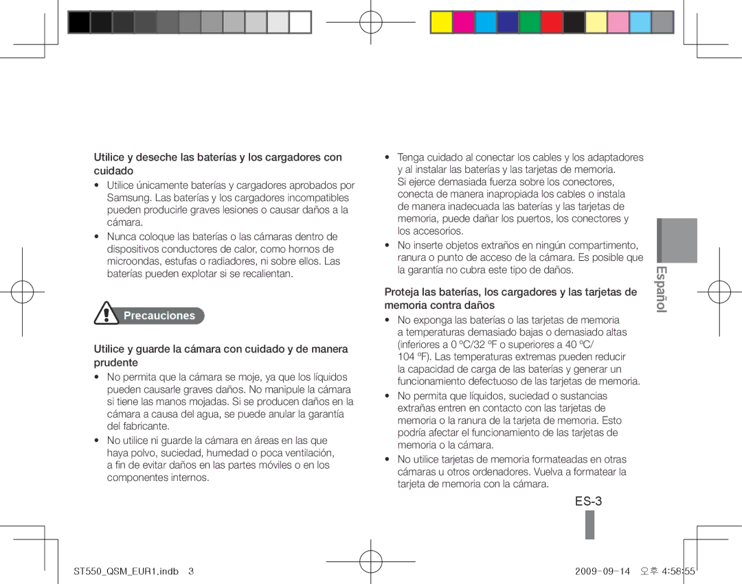 Samsung EC-ST550ZBPGVN, EC-ST550ZBPOIN, EC-ST550ZBPGIT, EC-ST550ZBAOE1, EC-ST560ZBPOE1, EC-ST550ZBPOFR manual ES-3, Precauciones 