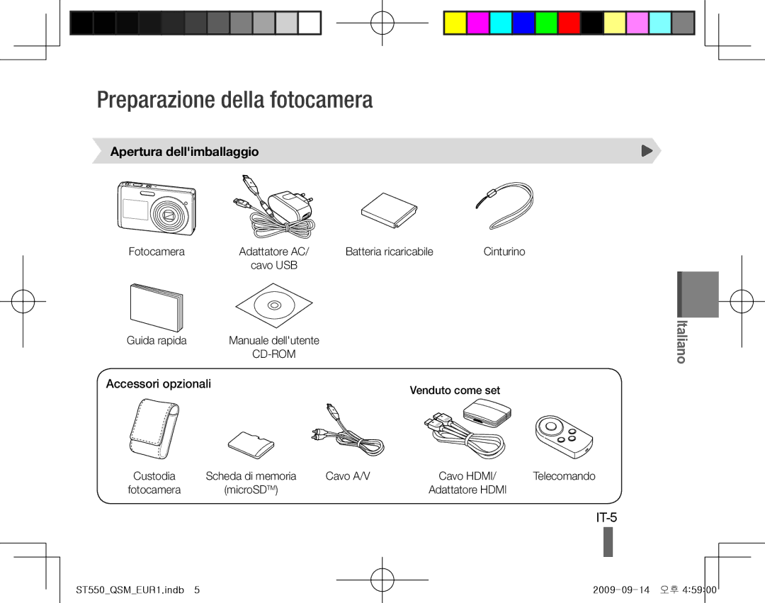 Samsung EC-ST550ZBPOIN, EC-ST550ZBPGIT Preparazione della fotocamera, IT-5, Apertura dellimballaggio, Accessori opzionali 