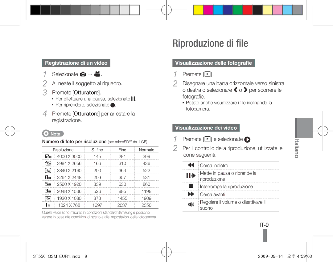 Samsung EC-ST550ZBPOFR manual Riproduzione di file, IT-9, Registrazione di un video, Visualizzazione delle fotografie 