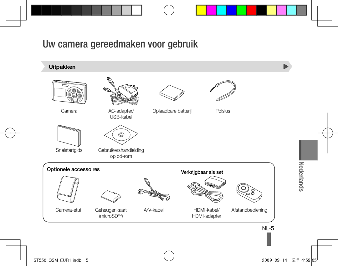 Samsung EC-ST550ZBPOAU, EC-ST550ZBPOIN manual Uw camera gereedmaken voor gebruik, NL-5, Uitpakken, Optionele accessoires 