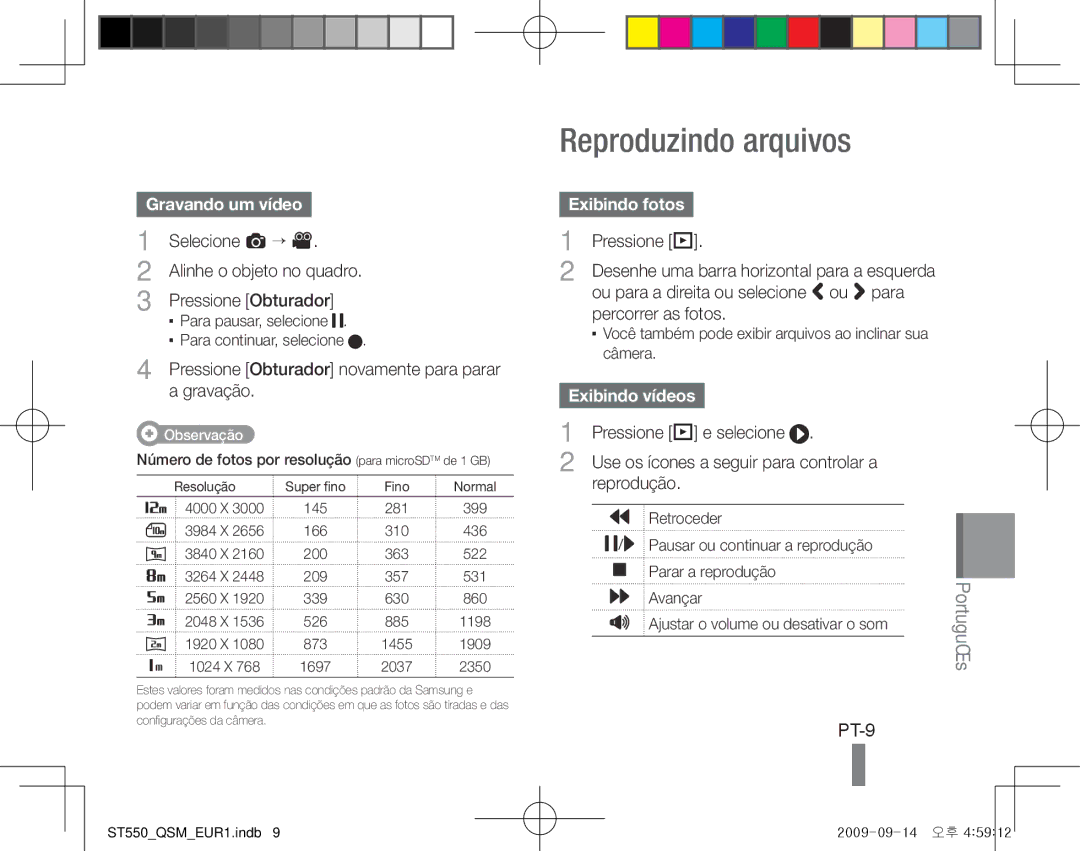 Samsung EC-ST550ZDPGME, EC-ST550ZBPOIN, EC-ST550ZBPGIT manual Reproduzindo arquivos, PT-9, Gravando um vídeo, Exibindo fotos 