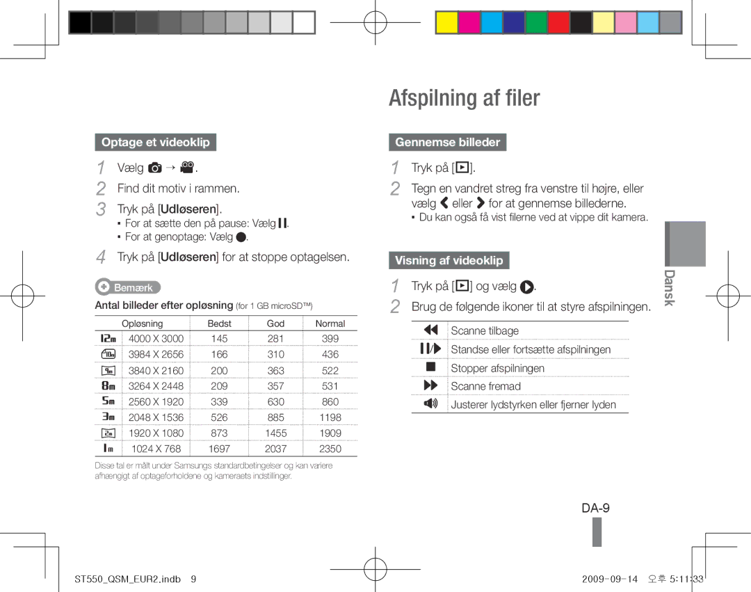 Samsung EC-ST550ZBPOE2, EC-ST550ZBPOIN, EC-ST550ZBPGIT Afspilning af filer, DA-9, Optage et videoklip, Gennemse billeder 