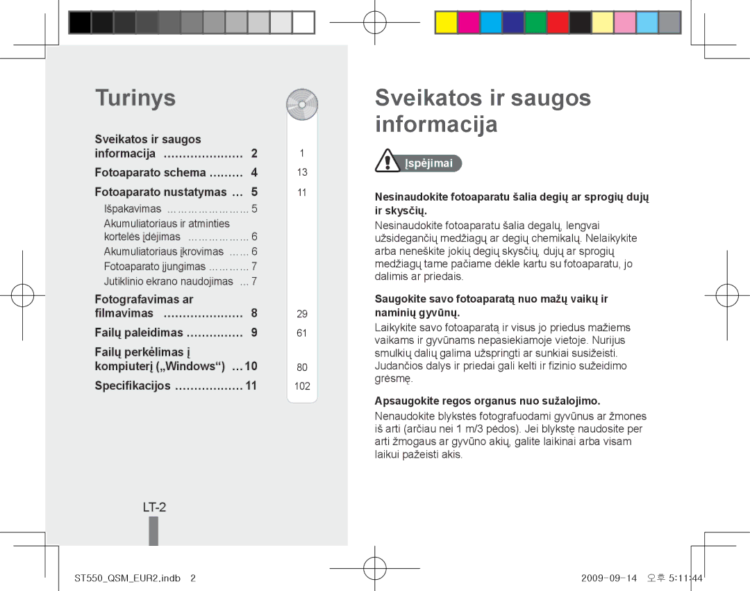 Samsung EC-ST550ZBPLE3, EC-ST550ZBPOIN, EC-ST550ZBPGIT manual Turinys, Sveikatos ir saugos informacija, LT-2, Įspėjimai 