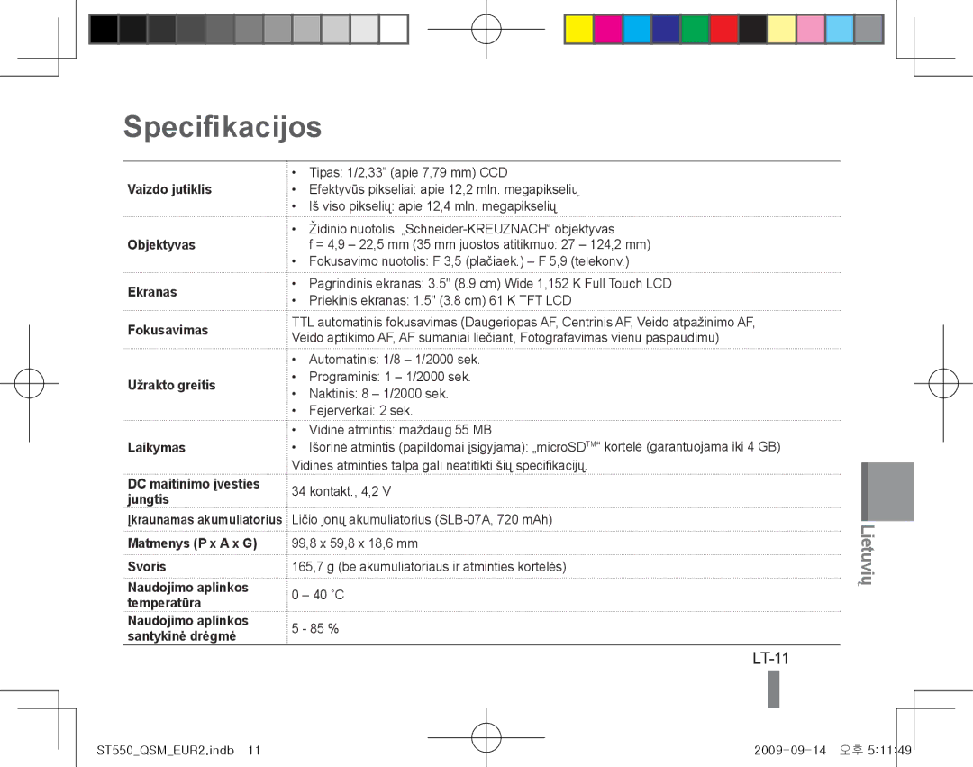 Samsung EC-ST550ZBPBE1, EC-ST550ZBPOIN, EC-ST550ZBPGIT, EC-ST550ZBAOE1, EC-ST560ZBPOE1, EC-ST550ZBPOFR Specifikacijos, LT-11 