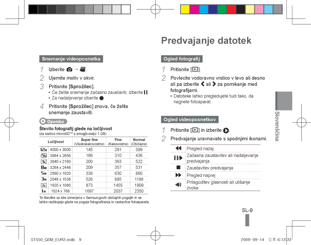 Samsung EC-ST550ZBPOE2 manual Predvajanje datotek, SL-9, Snemanje videoposnetka, Ogled fotografij, Ogled videoposnetkov 