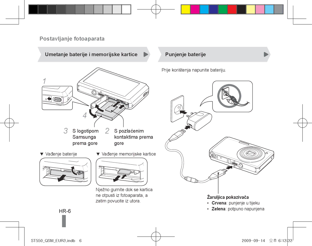 Samsung EC-ST550ZBPGIT, EC-ST550ZBPOIN, EC-ST550ZBAOE1 HR-6, Umetanje baterije i memorijske kartice, Žaruljica pokazivača 