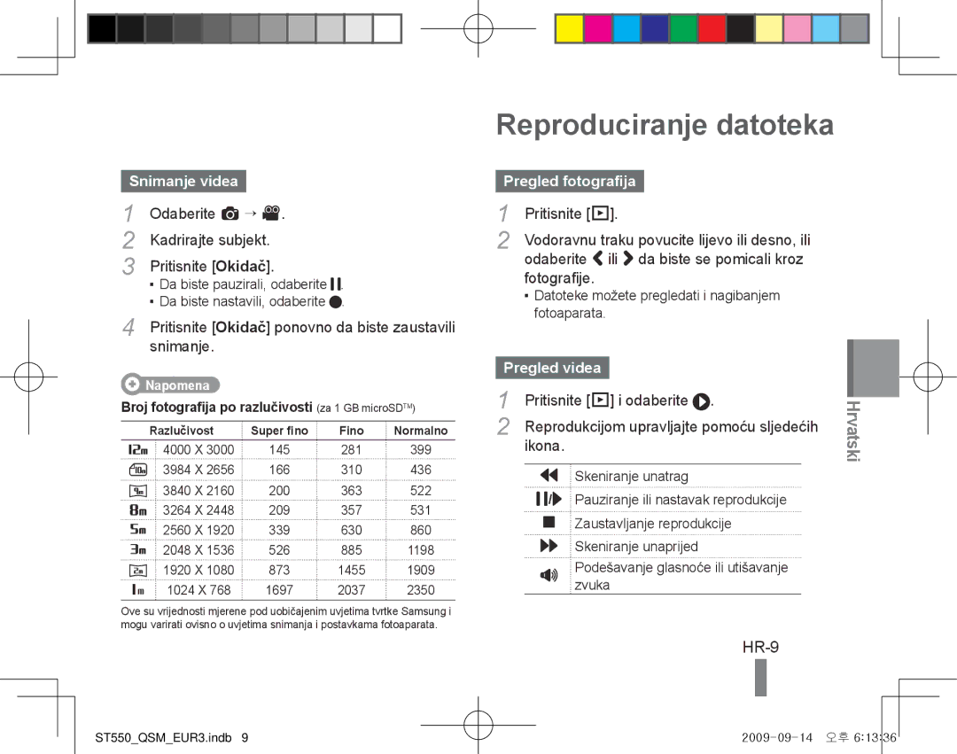 Samsung EC-ST550ZBPOFR, EC-ST550ZBPOIN Reproduciranje datoteka, HR-9, Snimanje videa, Pregled fotografija, Pregled videa 