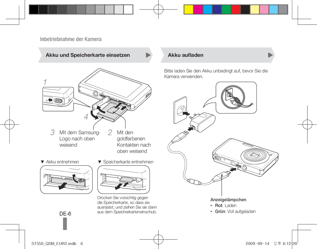 Samsung EC-ST550ZBPLE1, EC-ST550ZBPOIN, EC-ST550ZBPGIT, EC-ST550ZBAOE1 DE-6, Akku und Speicherkarte einsetzen, Akku aufladen 