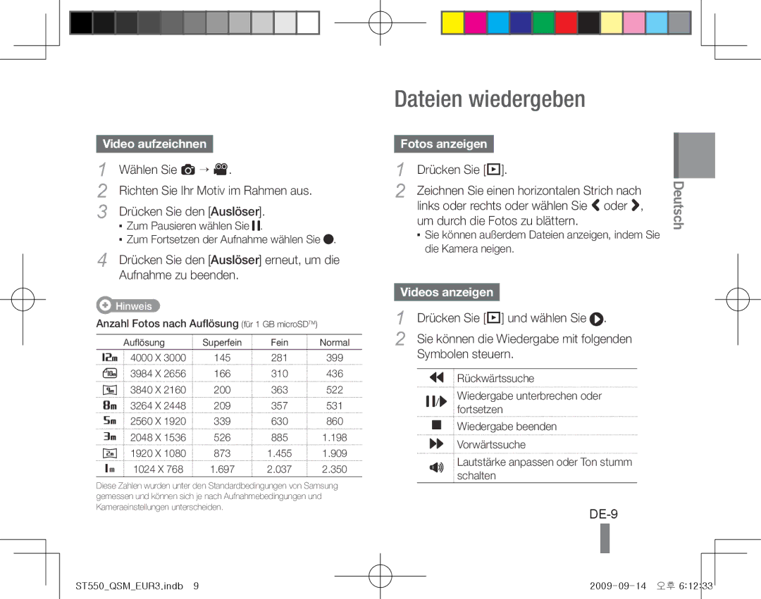 Samsung EC-ST550ZBPGDZ, EC-ST550ZBPOIN manual Dateien wiedergeben, DE-9, Video aufzeichnen, Fotos anzeigen, Videos anzeigen 