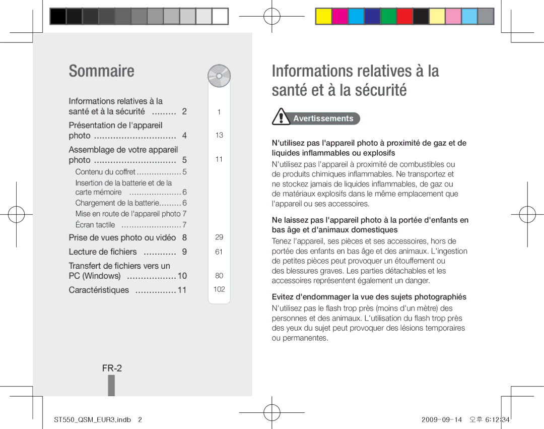 Samsung EC-ST550ZDPOME, EC-ST550ZBPOIN Sommaire, Informations relatives à la santé et à la sécurité, FR-2, Avertissements 