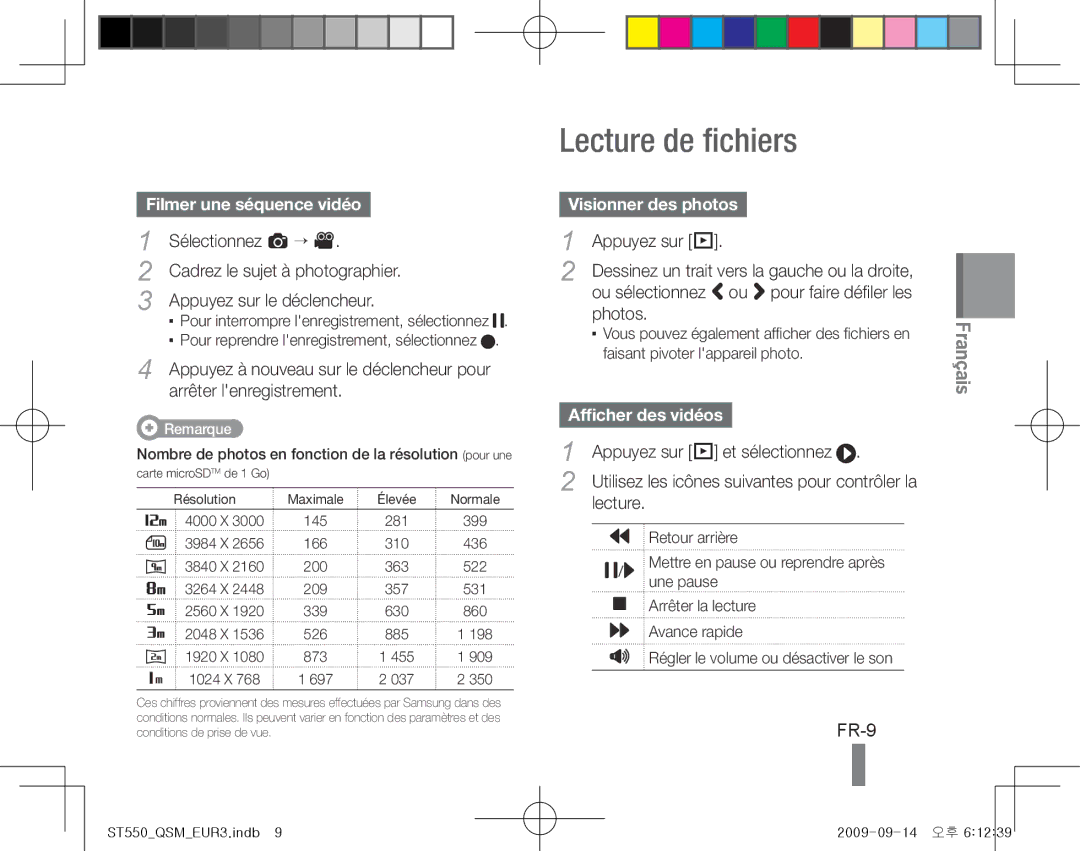 Samsung ES-ST550ZSALCN Lecture de fichiers, FR-9, Filmer une séquence vidéo, Visionner des photos, Afficher des vidéos 