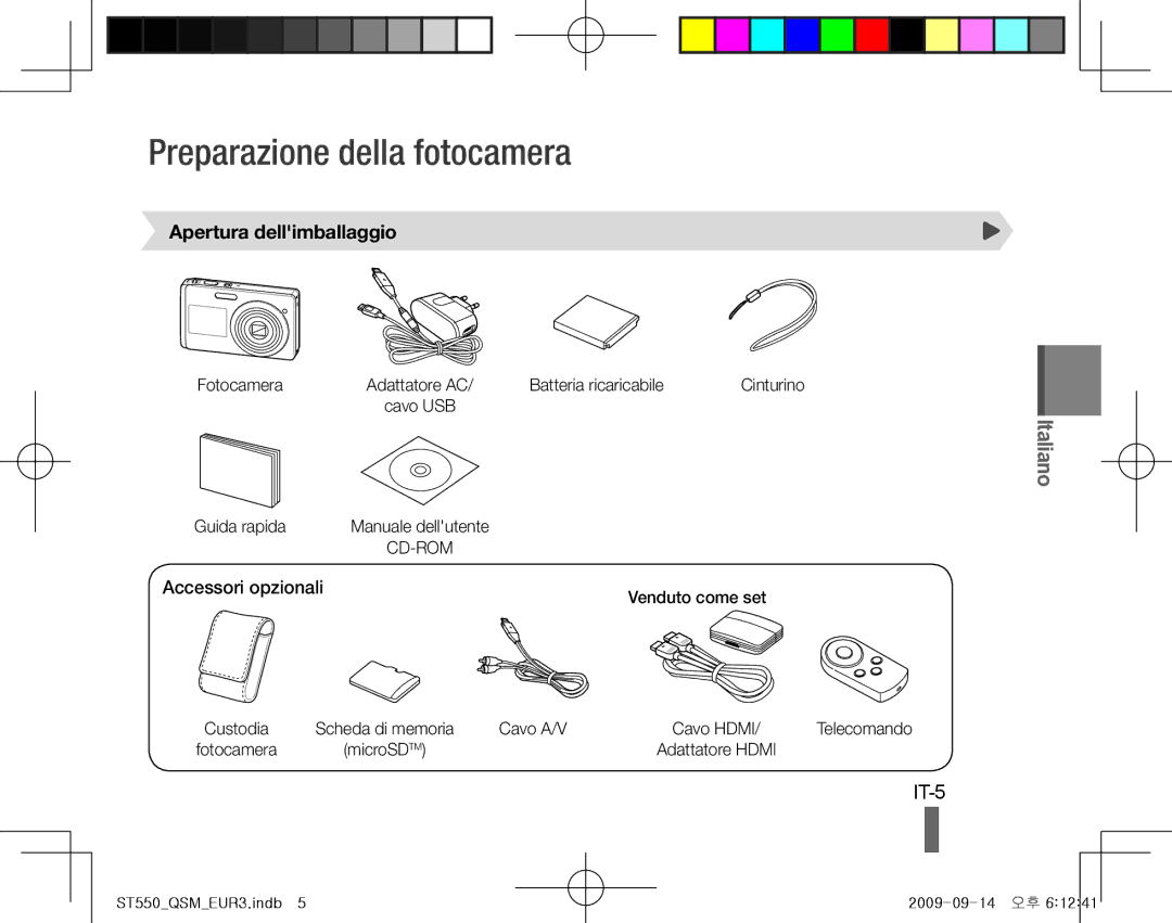 Samsung EC-ST550ZBPGRU, EC-ST550ZBPOIN Preparazione della fotocamera, IT-5, Apertura dellimballaggio, Accessori opzionali 